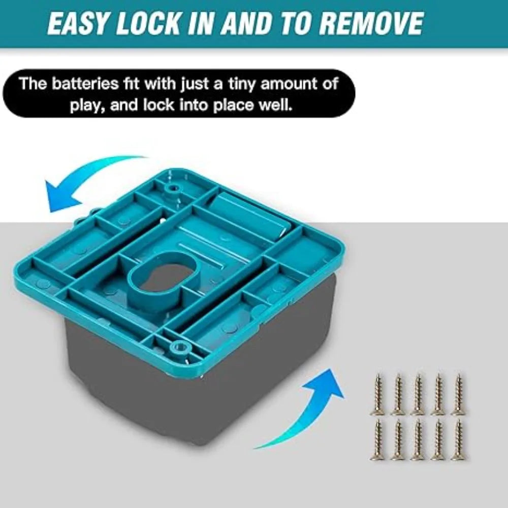 A teal battery holder with a lid is shown next to several small metal battery components.