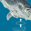 A close-up view of a gray Mosasaur toy, demonstrating its waterproof seal for use in pool or bath.