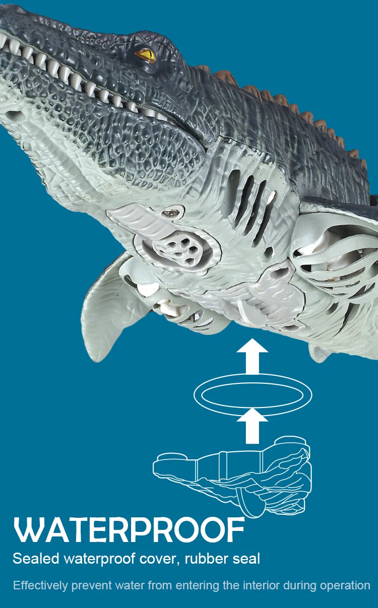 A close-up view of a gray Mosasaur toy, demonstrating its waterproof seal for use in pool or bath.