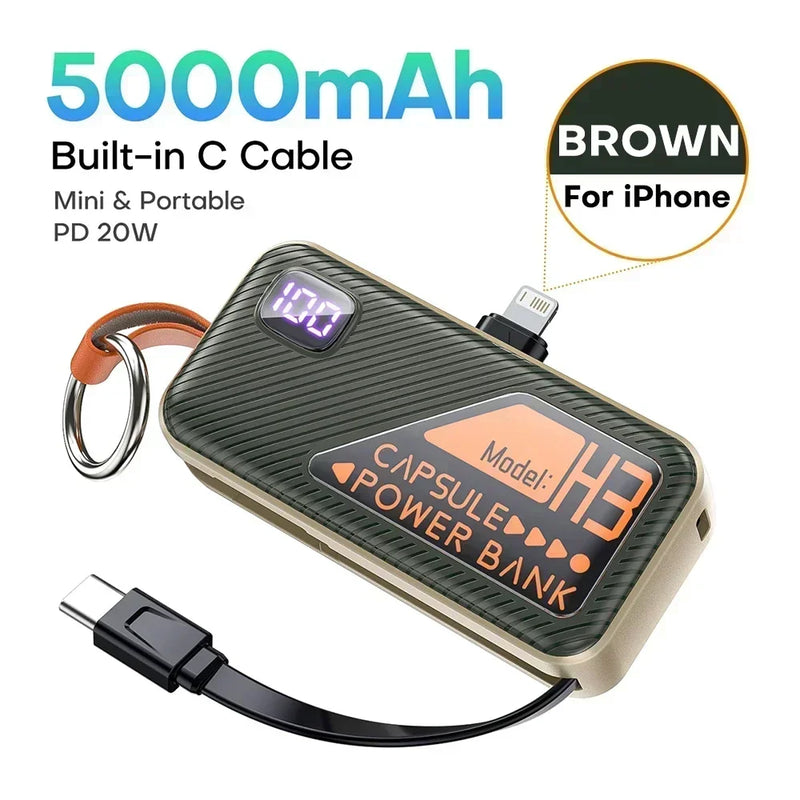 Compact 5000mAh Power Bank with Built-in USB-C Cable