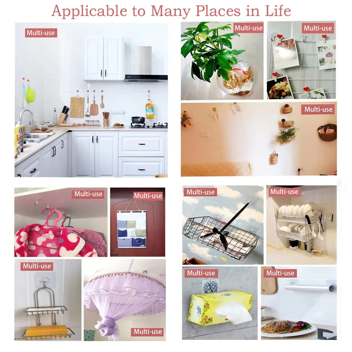 A collection of heavy duty adhesive hooks and organizers for various places like the bathroom, kitchen, and home.