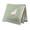 A light green soft cotton baby swaddle blanket featuring a white cartoon duck print.