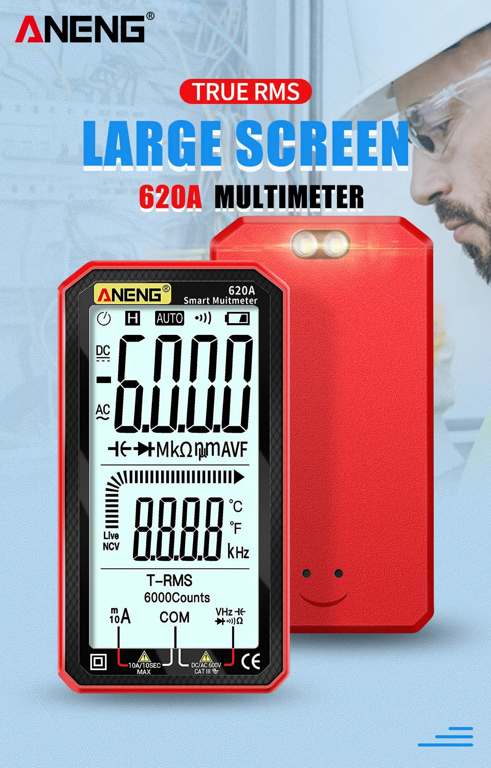 Red ANENG 620A True RMS large screen multimeter with DC and AC functions