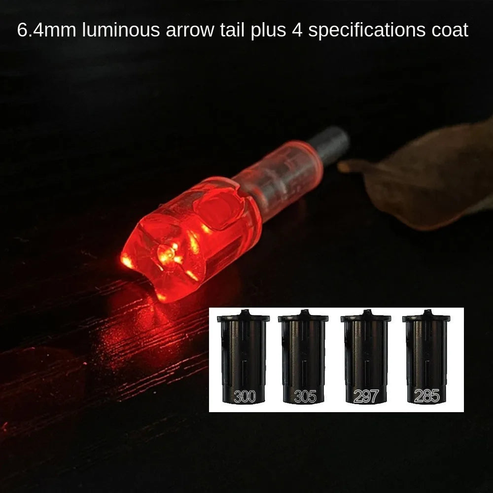 A red luminous arrow tail is shown next to four different size adapters for a high-visibility LED archery arrow product.