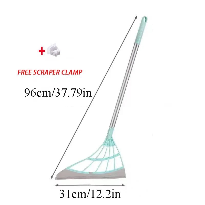 A silicone squeegee broom with a long adjustable handle and a free scraper clamp is shown.