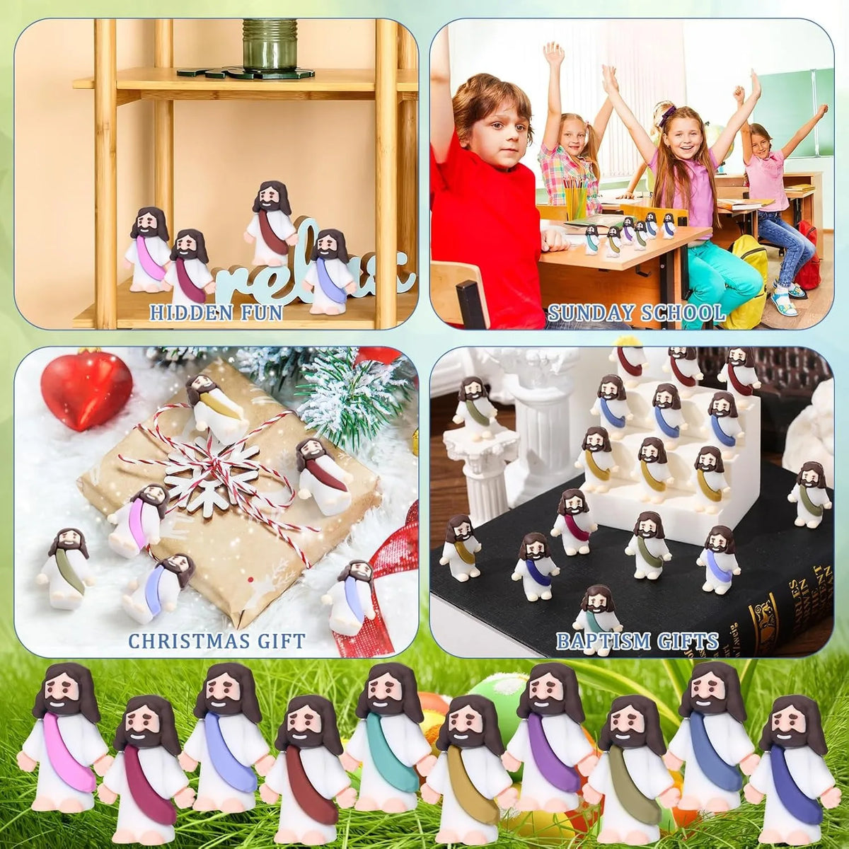 A collection of mini Jesus figurines in various colors and outfits for Easter celebrations and faith-based events.