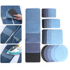 Set of cotton iron-on patches for denim repair and decoration in various shades of blue and gray.