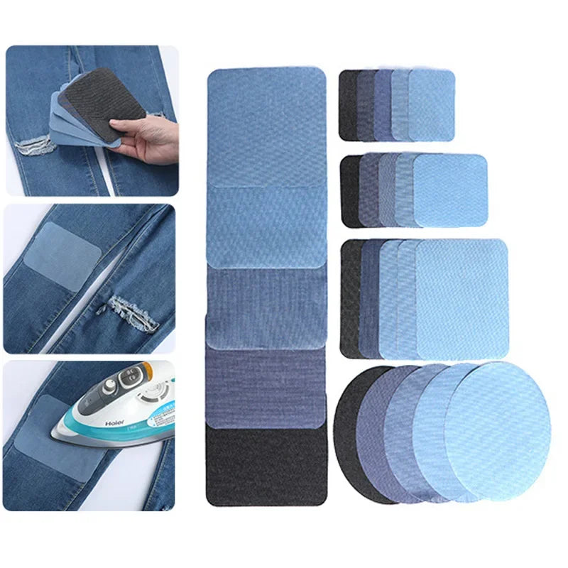 Set of cotton iron-on patches for denim repair and decoration in various shades of blue and gray.