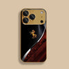 A golden horse art glass phone case with a metallic gold finish displayed against a neutral background.