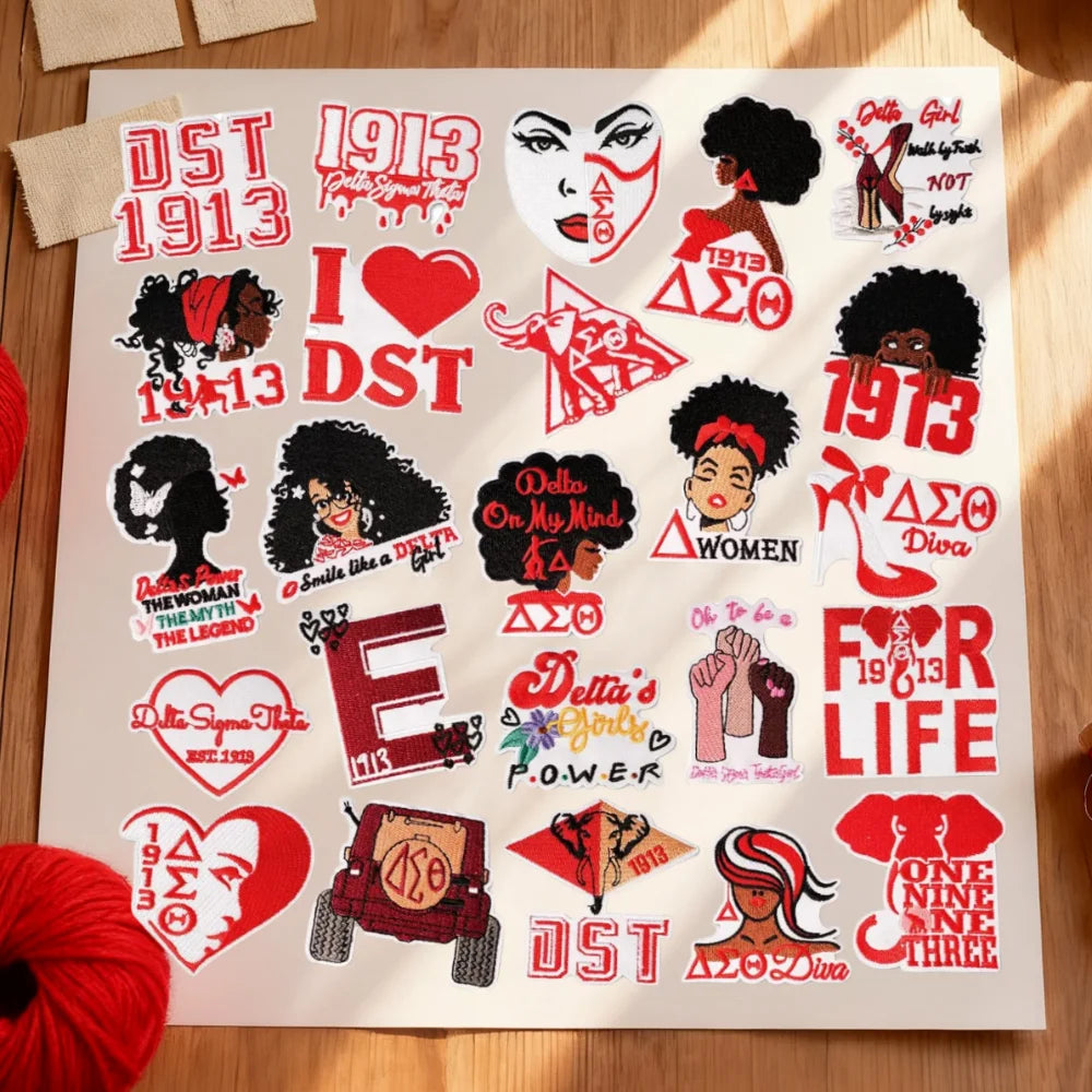 A collection of embroidered patches featuring Delta Sigma Theta symbols and text like 1913 and For Life