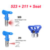 A set of three paint spray nozzles labeled 523, 211, and a seat for reversible paint spraying.