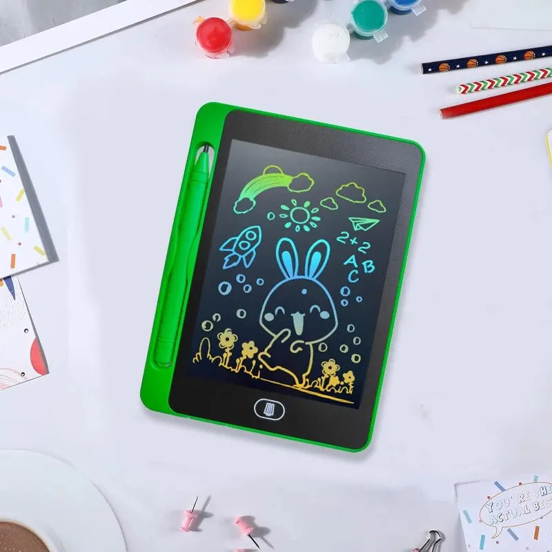 A green 6.5-inch LCD writing tablet for kids displaying a bunny and sun characters on the screen.