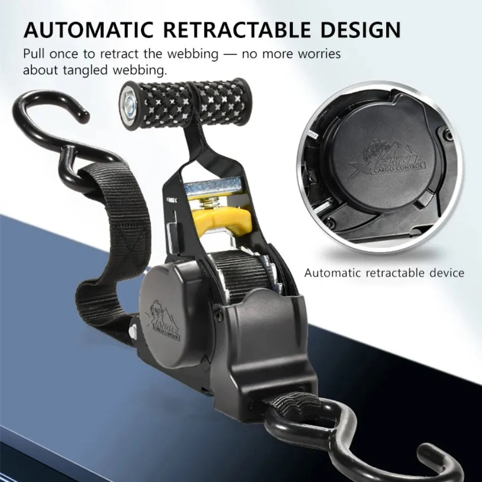 Automatic retractable device for heavy duty ratchet straps shown with a close-up of the mechanism