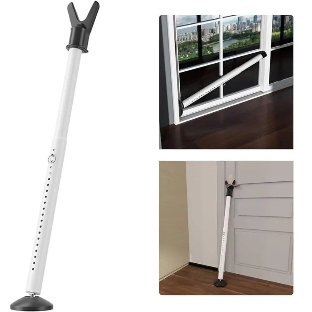 A white heavy-duty adjustable door security bar is shown in various contexts, including a window and a door.