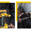 A yellow clip-on tape measure holder is attached to a belt, demonstrating its use for measuring.