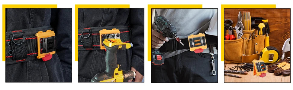 A yellow clip-on tape measure holder is attached to a belt, demonstrating its use for measuring.