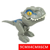 A gray plastic dinosaur toy resembling a Triceratops or Tyrannosaurus with yellow eyes and blue markings.