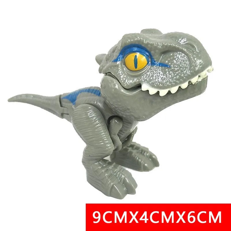 A gray plastic dinosaur toy resembling a Triceratops or Tyrannosaurus with yellow eyes and blue markings.