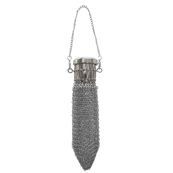 Handcrafted stainless steel coin purse with a silver chain and a textured metal body