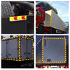 Three images showing high-visibility reflective safety tape used for vehicle marking and safety barriers.