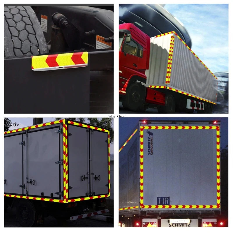 Three images showing high-visibility reflective safety tape used for vehicle marking and safety barriers.