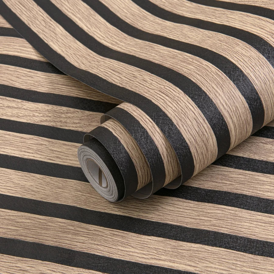 Roll of self-adhesive 3D wall stickers featuring black and beige striped pattern
