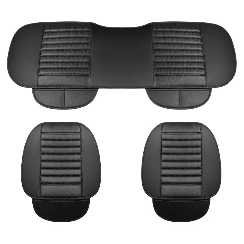 Black breathable PU leather car seat covers shown in two different shapes and sizes