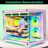 Installationsdemonstration eines weißen PC-Gehäuses mit internen Komponenten und RGB-Beleuchtung.