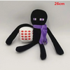 A black soft plush doll resembling a Minecraft character with a purple scarf and a white block accessory.
