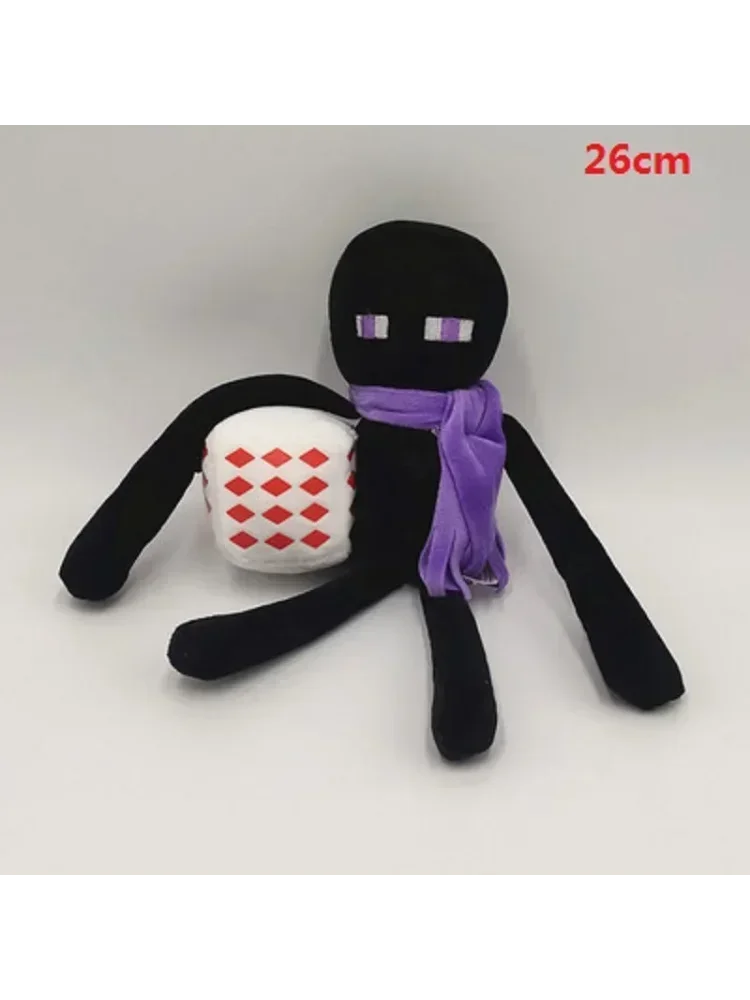 A black soft plush doll resembling a Minecraft character with a purple scarf and a white block accessory.