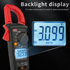 A red digital clamp meter with a blue backlight display showing 3.099 volts and auto settings.