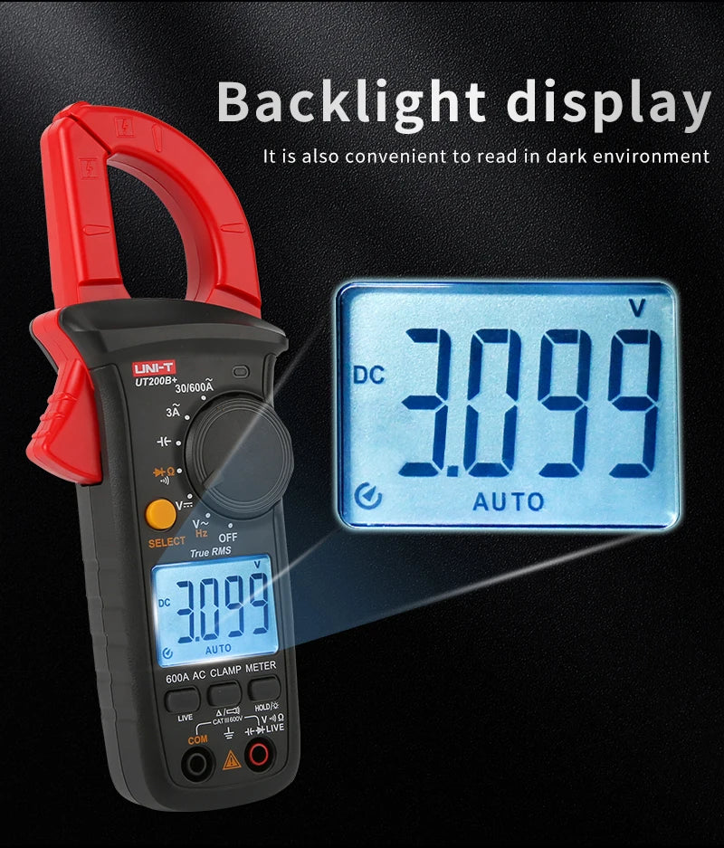 A red digital clamp meter with a blue backlight display showing 3.099 volts and auto settings.