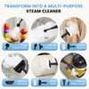 A collection of various steam cleaning tools including brushes, cloths, and a window cleaning device.