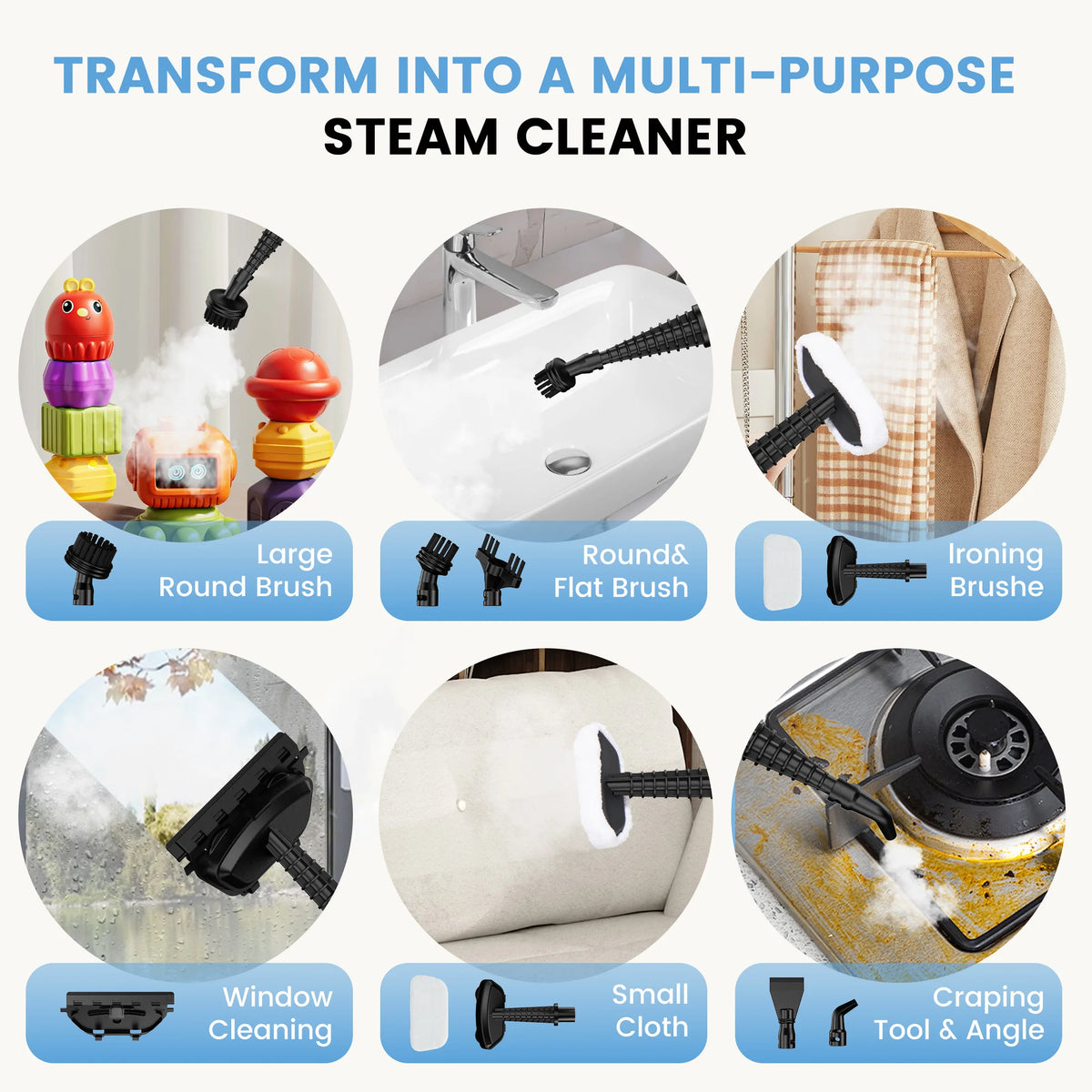 A collection of various steam cleaning tools including brushes, cloths, and a window cleaning device.