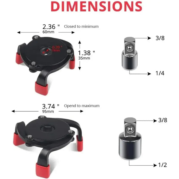 Diagramm mit den Abmessungen eines Ölfilter-Entfernungswerkzeugs für 3/8 und 1/2 Zoll.
