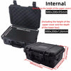 Black rugged waterproof hard case shown with internal and external dimensions.