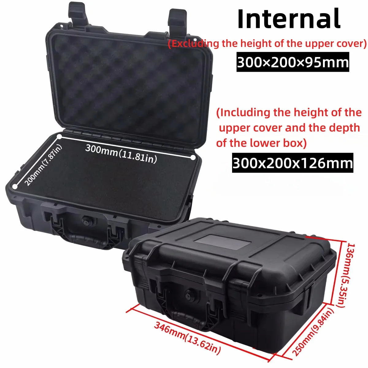 Black rugged waterproof hard case shown with internal and external dimensions.