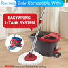 Replacement microfiber mop head for a spin mop system shown with a cleaning bucket and mop.
