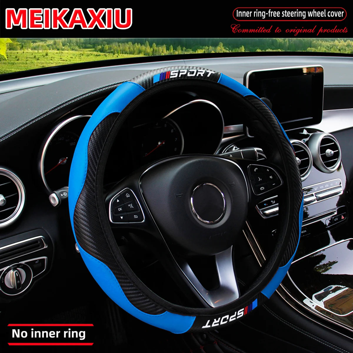 Blue and black carbon fiber steering wheel cover for a car, shown inside the vehicle cockpit.