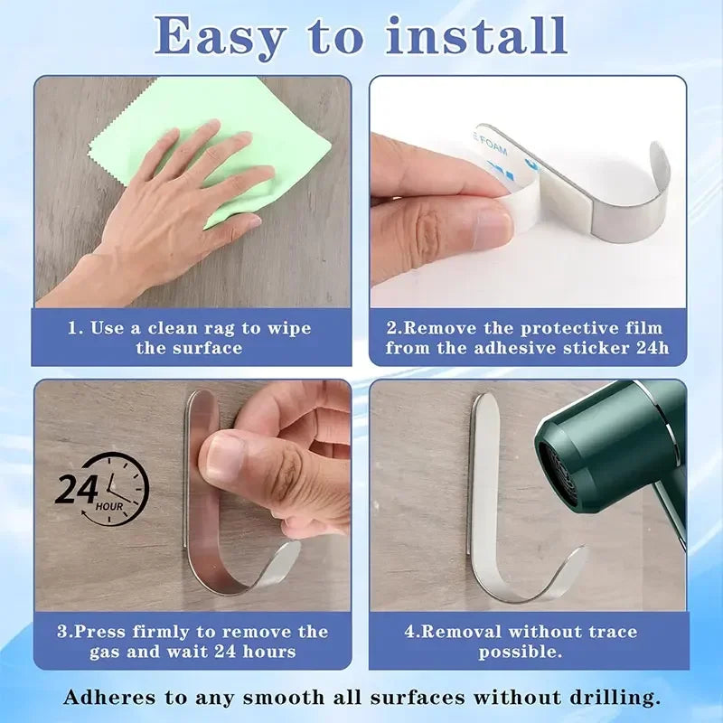 Instructions for installing a heavy-duty stainless steel self-adhesive wall hook on various surfaces.