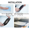 Installation steps showing how to stick an adhesive part onto a car's hood for a decorative air intake vent cover.