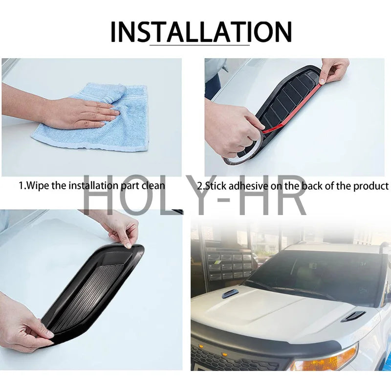 Installation steps showing how to stick an adhesive part onto a car's hood for a decorative air intake vent cover.