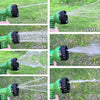 A green expandable magic hose demonstrates seven spray patterns: Jet, Center, Shower, Cone, Flat, Center, and Mist.