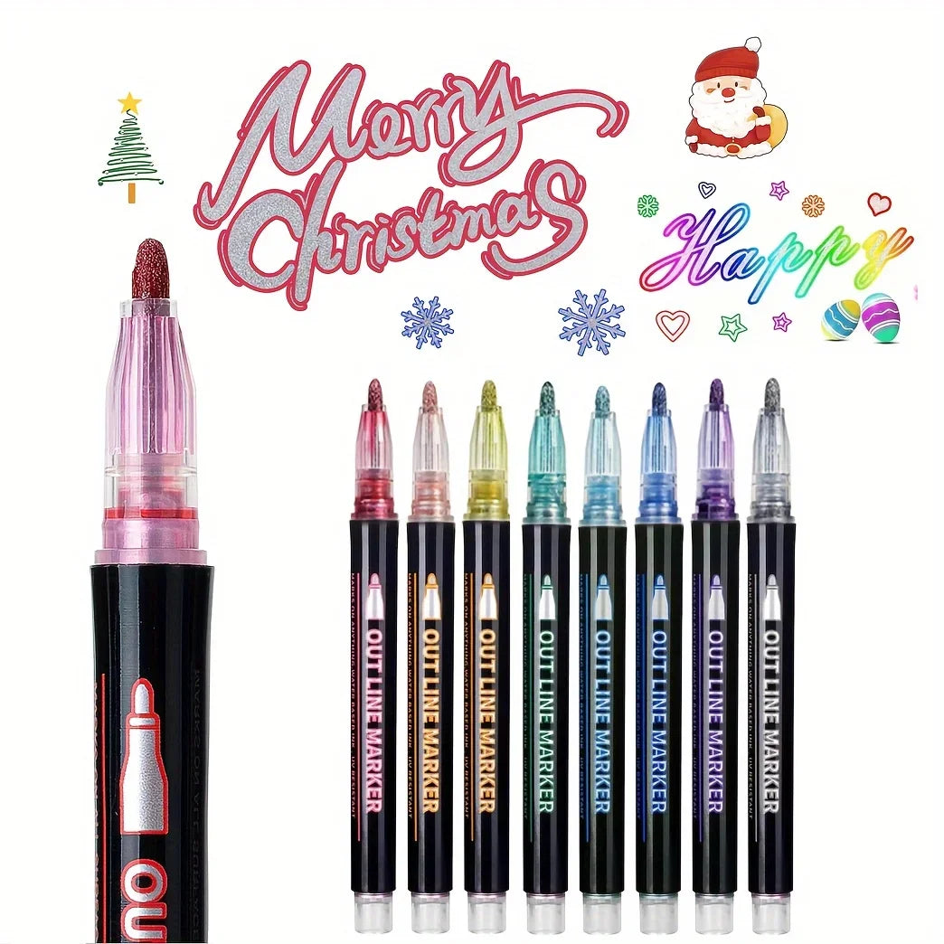 Double Line Outline Pens with Metallic Glitter (Set of 8)