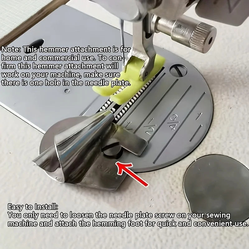 A close-up of a hemming foot attachment being installed on a sewing machine needle plate.