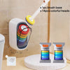 A wall-mounted disposable toilet cleaning kit featuring a brush base and fourteen colorful heads for cleaning.