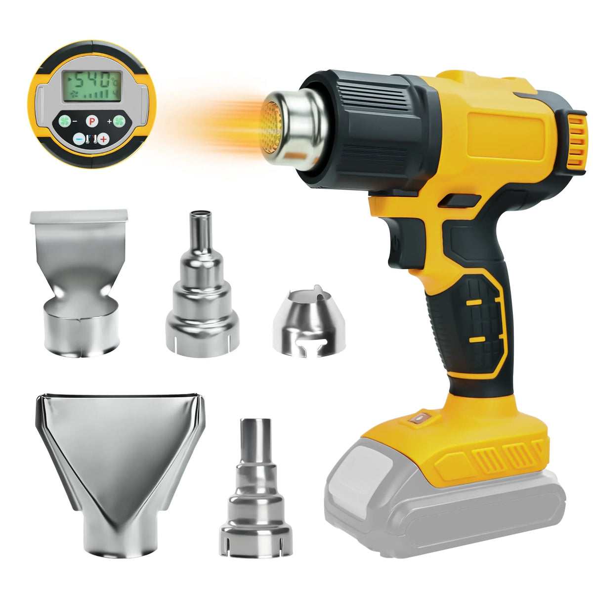 A yellow cordless heat gun with an LCD display and five metal nozzles, including a heating element and various tips.