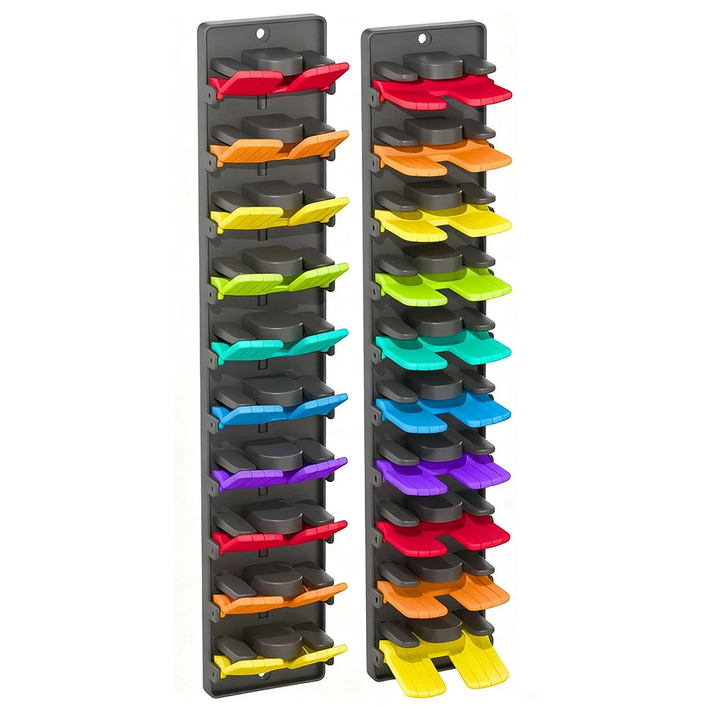 Wall-mounted organizer rack with multiple colored baseball caps displayed vertically.