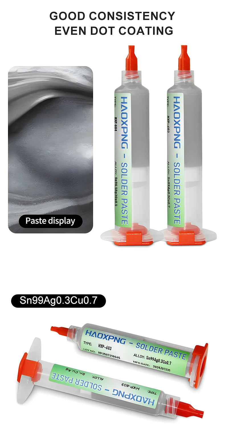 Three bottles of HAOXPNG solder paste for good consistency even dot coating displayed next to a gray paste sample.