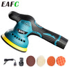 A blue and black cordless electric car polisher tool shown with various accessories like a cord, charger, and polishing pads.